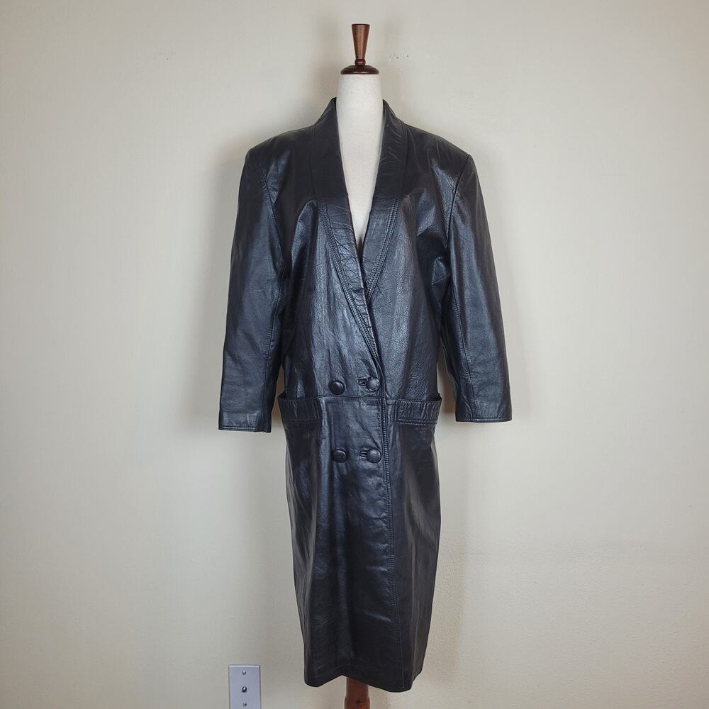 Vintage G-III Leather Coat Womens Small Trench Double‎ Breasted Long Goth Matrix